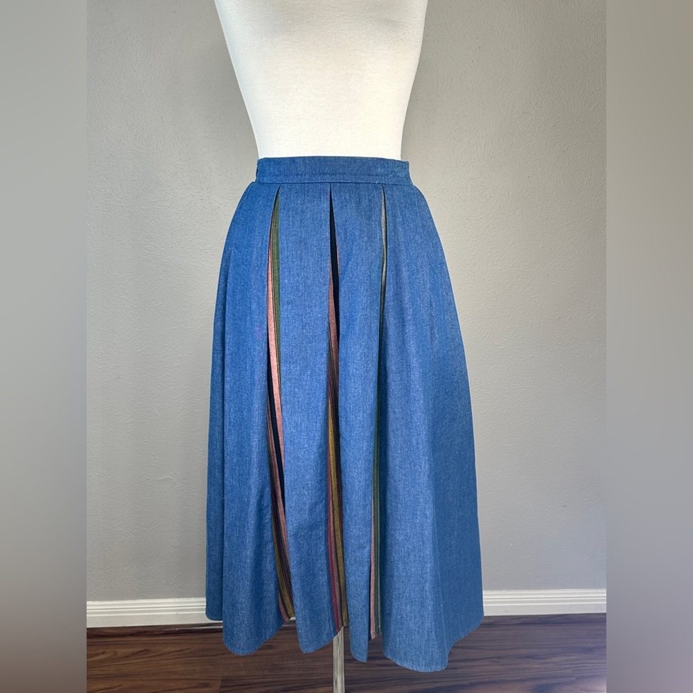 Blue Midi Skirt with Multicolor Striped Inset M/L. - Picture 2 of 11
